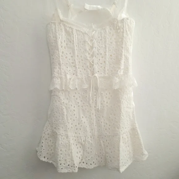 NWT For Love & Lemons Sadie White Lace Eyelet Corset Bustier Ruffle Mini Dress M - Picture 11 of 12